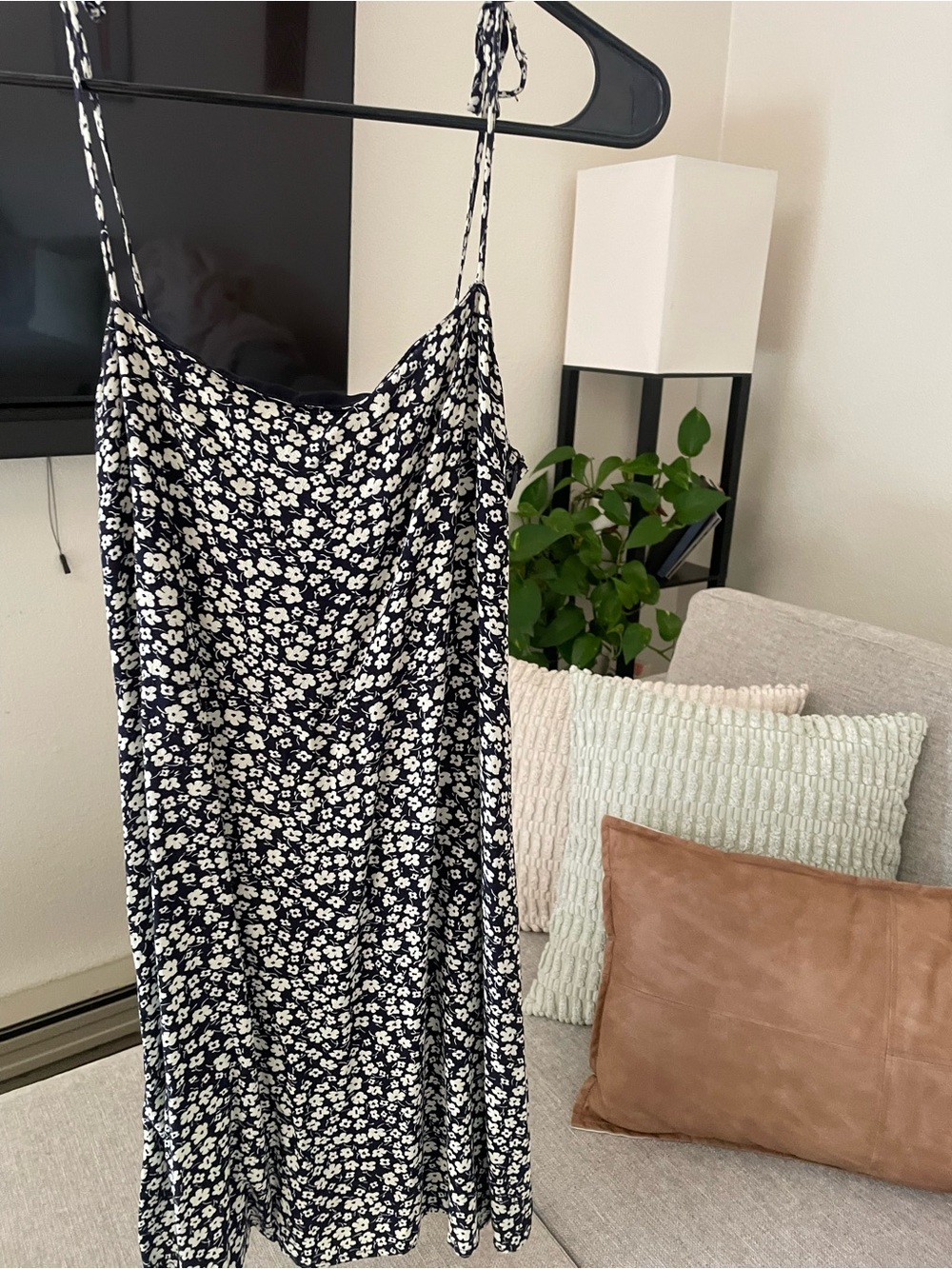 Mango Floral Mini Dress in Black/Navy and White